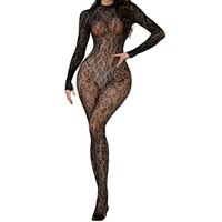 Combinaison sexy en dentelle transparente à manches longues, résille, élastique, pour club de nuit, danse sur barre, pour femme, printemps, longueur genou