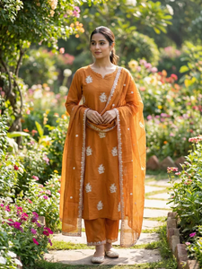 Ensemble de costume en coton brodé couleur moutarde pour femme, élégant ensemble ethnique Kurta, pantalon et dupatta, décontracté, séchage rapide, sans plis - Product Image 3