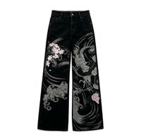 SOONREE Jeans pour femmes à imprimé dragon et tigre japonais, taille haute, jambe large, pantalon en denim pour femmes, streetwear oriental