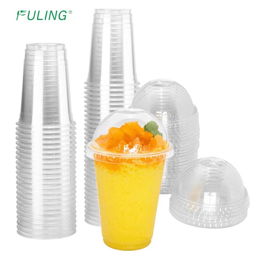 FULING cetak Logo dingin minum bening cangkir hewan peliharaan Takeaway 8oz 9oz 10oz 12oz 20oz 24oz 16oz cangkir plastik dengan tutup kubah