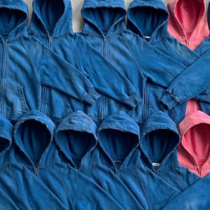 Sweat à capuche en coton peigné 100% épais bleu foncé, effet délavé soleil et vieilli, ultra confortable, pour tenues assorties streetwear d'extérieur - Product Image 2
