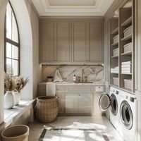 Meubles de buanderie sur mesure de luxe Vermonhouzz avec rangements ouverts et crédence en marbre pour hôtel haut de gamme