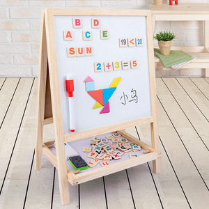 Holz-Kinder-Malbrett Doppelseitiges <span class=keywords><strong>Flipchart</strong></span> Zeichenbrett Buchstaben Zahlen Tangram Whiteboard Kreidetafel Kunst Lernspielzeug für - Product Image 1