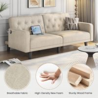 Wandelbares Sofa Kleines Futon-Schlafsofa mit 2 USB-Anschlüssen Verstellbare Rückenlehne Mid-Century Loveseat für Wohnzimmer Apartment Büro