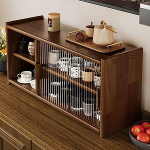 Solid Wood Cup Holder With Frosted Glass Tea Set Storage Cabinet <b>Desktop</b> Water Coffee Cup Rack 2 Tier <b>Shelf</b> - Product Image 2