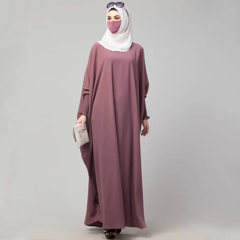 Dubai muslim loose puce pink kaftan long dresses islamic wrists elasticated long sleeve maxi prayer abaya jilbab