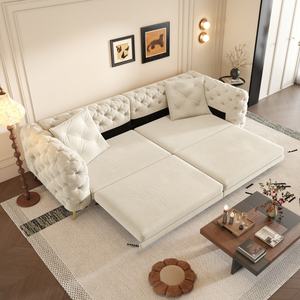 Canapé-lit <span class=keywords><strong>convertible</strong></span> 3-en-1 Chesterfield de luxe beige et blanc de 97,7 pouces, avec capitonnage fait main, pour la maison - Product Image 2