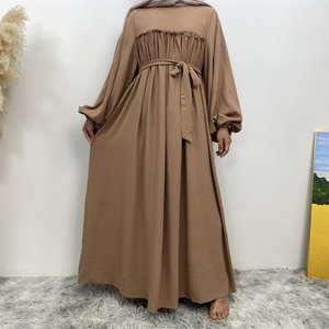 Women's Crew Neck Closed Abaya - Cute Bust Pleats & Big Sleeves <b>Maxi</b> Dress, Wrinkle Crepe Fabric with Side Pockets (Style 6694#) - Product Image 4