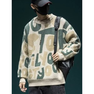 เสื้อสเวตเตอร์ถักคอกลมสำหรับผู้ชาย, เสื้อสเวตเตอร์คอกลมทรงหลวมใส่ฤดูใบไม้ร่วงและฤดูหนาวสไตล์อเมริกันคลื่น - Product Image 5