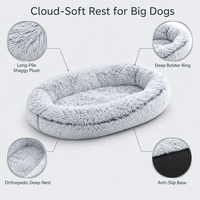 Lit pour chien Fancie Giant Oval, en fourrure longue et pelucheuse, avec éponge haute densité, gris, coussin profond, housse lavable, base antidérapante, pour grands chiens