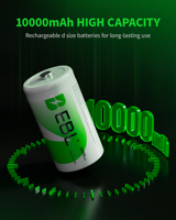 EBL Paquete de 8 Baterías Recargables Ni-MH D de 10000mAh, Estuche para Baterías Incluido, para Linternas, Electrónica de Consumo, Juguetes