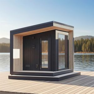 La moderna sauna de madera Serene en los Alpes presenta un diseño ecológico con una vista panorámica de los bosques. - Product Image 2