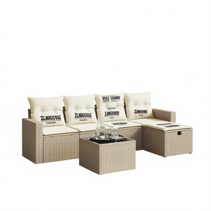 Conjunto de Sofá de Jardín de Ratán Beige con Almacenamiento, Muebles de Exterior para 4 Personas, Diseño Contemporáneo - Product Image 1