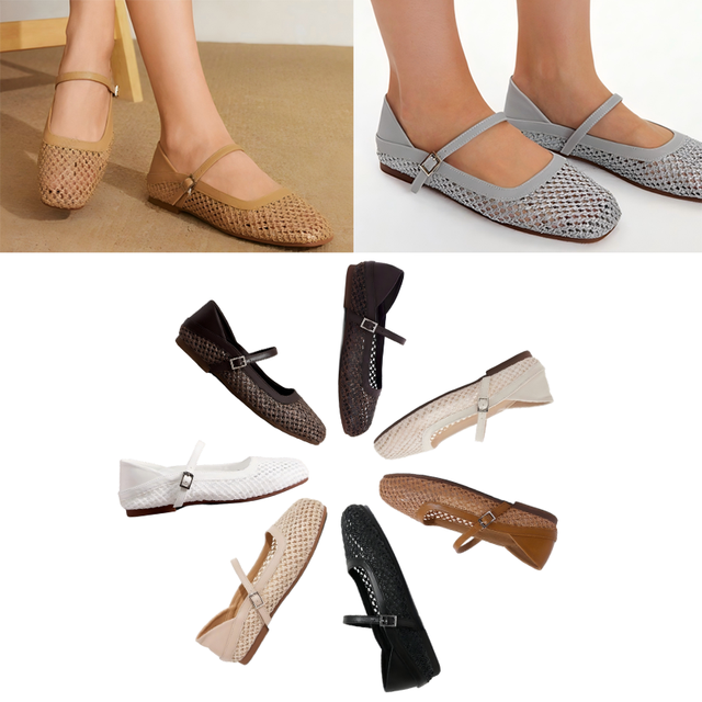 Women's Raffia Mary Jane Flats Square Toe Flat Heel Sandals with Leather Strap & Buckle Casual Office Dress Shoes for Wholesale