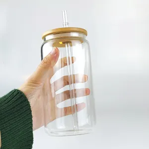 Chúng Tôi Kho Bán Buôn 16Oz Frosted Rõ Ràng Thăng Hoa Trống Glass Bia Có Thể Cup Lọ Với Nắp Tre Và Rơm