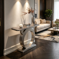 Table console moderne de luxe en acier inoxydable avec base métallique, couleurs personnalisables, hauteur réglable, plateau en métal, pour salon et hôtel