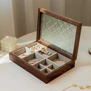 Walnut Jewelry <b>Box</b> Solid Wood Rectangle Storage With <b>Mirror</b> Lid Desktop Organizer For Necklaces Earrings Bracelets - Product Image 1