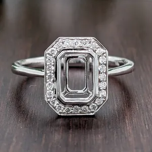 Classic Bezel Semi Mount With Diamond Halo 14k White Gold Ring Setting Mountings
