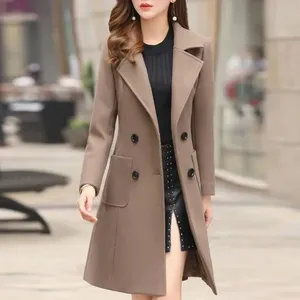 2024 automne hiver femmes longs manteaux de laine Double boutonnage <span class=keywords><strong>femme</strong></span> couleur unie coupe ajustée vêtements d'extérieur col rabattu Streetwear - Product Image 2