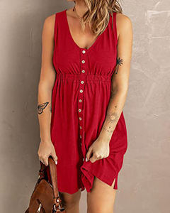 Оптовая продажа: Новое модное женское повседневное платье миди без рукавов с эластичным поясом, однотонное, свободного кроя, с декоративными пуговицами - Product Image 2