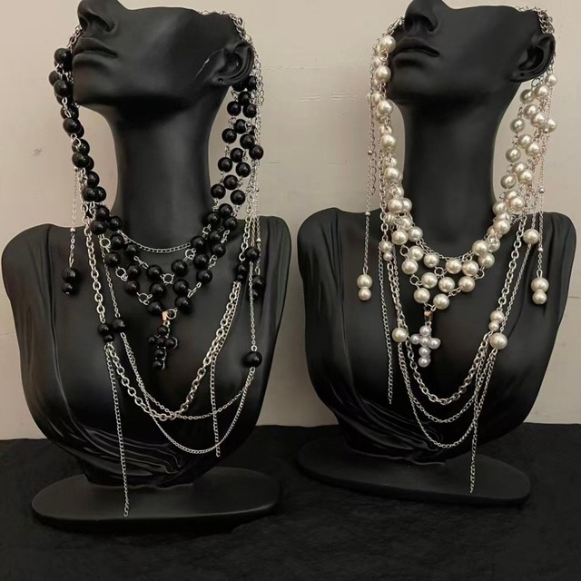 Multi-Layer Diamond Beaded Cross Pendant Necklace - High-end Craft Exaggerated Tassel Clavicle Chain Women Wholesale Jewelry
