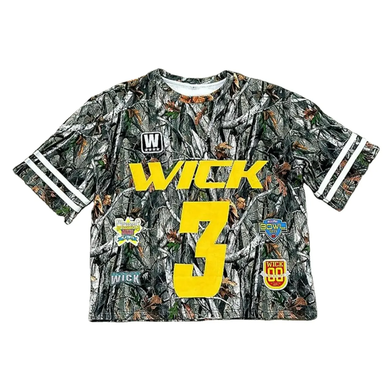 Camiseta de manga curta camuflada gráfica vintage, tecido de tricô de crochê estilo hip hop, gola redonda e estampa de tie-dye, peso de 240 gramas