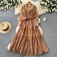 Robe longue élégante pour femme WIWT, rose, coupe trapèze, décontractée, avec perles et dentelle, col montant, manches longues, ceinture, fluide, pour le quotidien