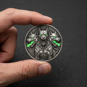 Moneda Conmemorativa de Cerberus en Relieve 3D Personalizada, Plata Fina .999, Esmalte Verde, Moneda del Guardián del Submundo para Regalo de Lujo - Product Image 6