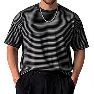 T-shirt rayé surdimensionné à manches courtes pour homme, 100 % coton de haute qualité, 240 GSM, coupe ample, style streetwear, col rond, décontracté - Product Image 2