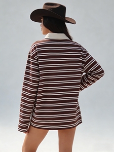 <span class=keywords><strong>Polo</strong></span> décontracté surdimensionné à manches longues pour <span class=keywords><strong>femme</strong></span>, style streetwear Y2K, rayures marron et blanches, col contrastant - Product Image 3