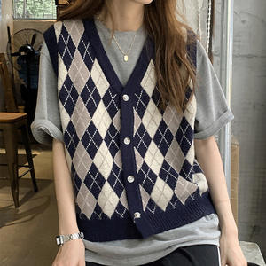 Chaleco de Punto Acrílico/Poliéster con Patrón de Diamantes Otoñales, Cuello en V con Botones, Estilo Preppy, Cárdigan para <span class=keywords><strong>Mujer</strong></span> - Product Image 1