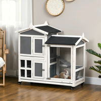 Cage à lapins moderne en bois gris, petite, pour extérieur, avec enclos attaché, rampe, plateau amovible et toit imperméable