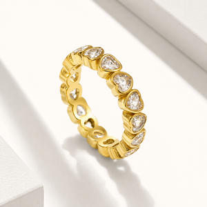Heart Eternity <b>Ring</b> <b>Stainless</b> <b>Steel</b> 14K Gold Vacuum Plated Full Band with Clear Heart-Cut Zirconia - Product Image 1