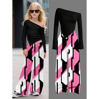 Ensemble deux pièces élégant et tendance pour filles, haut à épaules dénudées cintré et froncé, pantalon large à imprimé géométrique, 100% polyester
