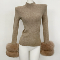 Pull en cachemire tricoté pour femme, coupe ajustée, col roulé, avec deux rangées de poignets en vraie fourrure de renard, mode automne-hiver