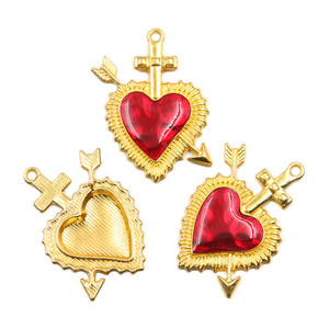 CZ8793 Saint Valentin plaqué or 18 carats émail rouge gonflé coeur flamboyant Milagro <span class=keywords><strong>Ex</strong></span> Voto pendentifs à breloque laiton religieux orthodoxe - Product Image 6