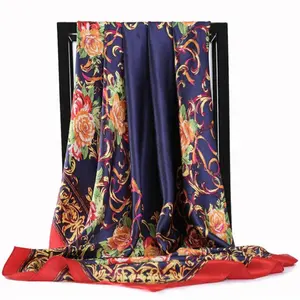 personalized women colorful floral 90x90 cm imitated silk satin autumn scarf