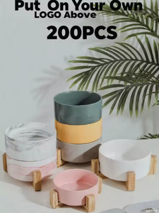 Mangkuk anjing keramik tugas berat bergaya desain anti tumpah kayu bambu alami ramah lingkungan desain bulat sederhana untuk anjing - Product Image 4