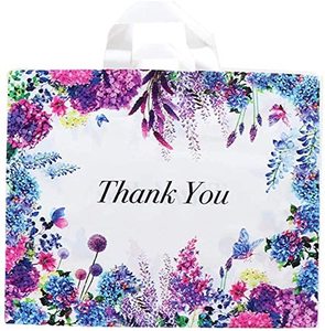 50 Pack Floral Thank You Merchandise Bags Reusable Plastic Retail Shopping Goodie Bag With Handles for Boutique Grocery Clothing