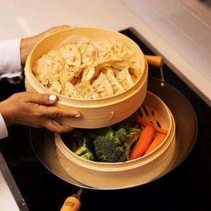 Utensilios Prácticos para Cocinar al Vapor, <span class=keywords><strong>Cesta</strong></span> Vaporera <span class=keywords><strong>de</strong></span> Acero Inoxidable, Exprimidor <span class=keywords><strong>de</strong></span> Bambú <span class=keywords><strong>de</strong></span> 6 Pulgadas y 2 Niveles, para Arroz Pegajoso, Sopa y Dumplings - Product Image 3