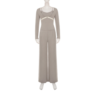European slim cami flattering cropped <b>long</b> <b>sleeve</b> cardigan with elastic waist loose drape pants home wear three piece set - Product Image 6