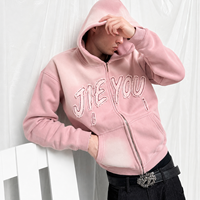Sweat à capuche zippé personnalisé avec logo brodé vintage délavé, en mélange de coton écologique, coupe ample, style streetwear