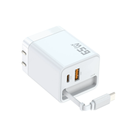 Bloc chargeur USB C 65W GaN avec câble rétractable de type C Adaptateur de charge rapide de voyage à double port Fonction PD 3.0 pour ordinateur portable
