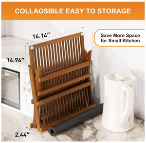 Bamboo Dish Drying Rack with Utensil Holder & Drying Mat, 3-Tier Collapsible Wooden Dish Rack <b>for</b> <b>Kitchen</b> Countertop - Product Image 3