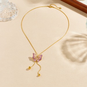 Butterfly Gold Plated Necklace Gradient Purple Pink Tassel Clavicle Chain Daily Wear Gift Jewelry N3993 - Product Image 3