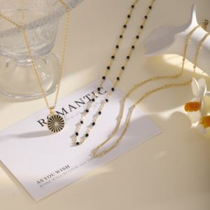 Collana con perline nera a tre strati dorata + catenina O-catenina nera con ciondolo in zircone 36 + 38 + 42 + 5cm N0054 - Product Image 3