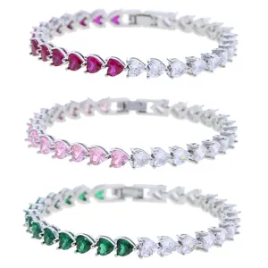 New Classic Iced Out Bling 5mm Heart Love Cz Tennis Chain Bangle Paved Green Pink Red Colorful Crystal Bracelets Jewelry