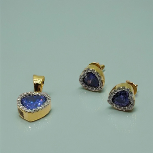 Classic 22K Gold <b>Blue</b> Stone Heart Shape <b>Stud</b> <b>Earrings</b> with Matching Pendant Set Elegant Designer Jewelry for Women - Product Image 2
