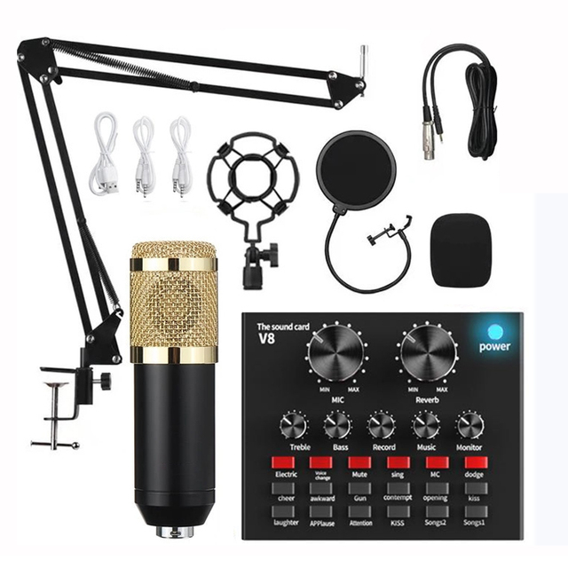 Professional BM 800 V8 Condenser Microphone Set USB Sound Card Noise Cancelling 20Hz-16kHz Frequency Response 1-Year Warranty