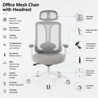Chaise de bureau ergonomique à dossier haut en maille, prête à être expédiée, faible MOQ, avec appui-tête réglable, accoudoirs et soutien lombaire, pivotante